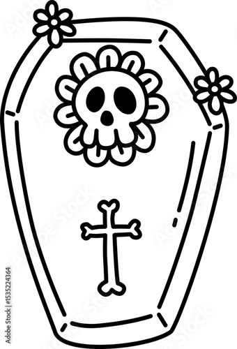 Hand drawn Halloween Groovy Coffin Ghost Cartoon Outline