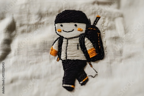 Minimalist embroidery depicting a ninja with a ninja acid face smiling walking with a backpack. , in an oshare kei style