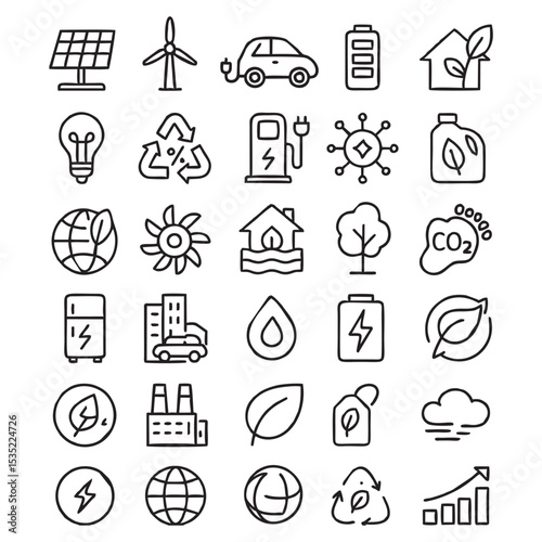 “30 Green Energy Icons in Black and White Outline Vector Style”