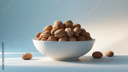 Illustration of a Bowl Filled with Walnuts and Additional Nuts Scattered Around in a Minimalist Composition