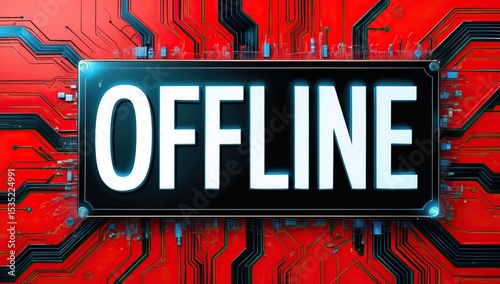 Illustration Featuring the Word OFFLINE in a Technological Composition with Circuitry Elements and a Visual Disconnection Effect