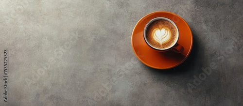 Warm orange cup of coffee with latte art heart against grey mottled background
