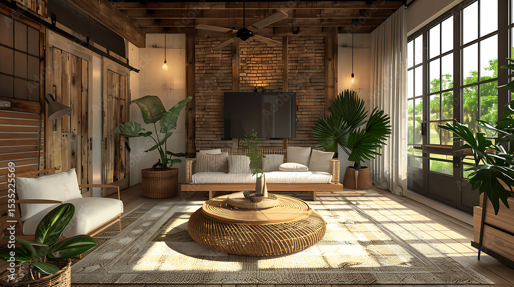 Fototapeta premium A bright and airy living room features a comfortable sofa, wicker table, and lush green plants, creating a cozy and inviting space for relaxation and modern living