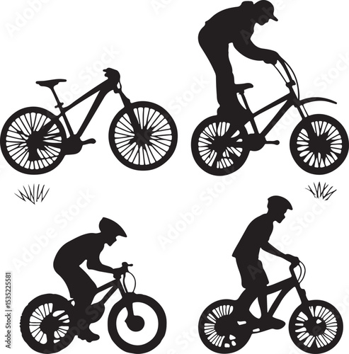 Silhouette of mountain bikers performing various tricks.