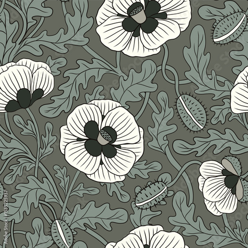 WHITE VECTOR BLOOMING POPPIES ON A GRAY GREEN BACKGROUND