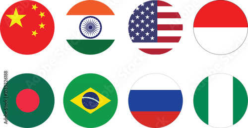 Flag Vector Set – USA, India, China, Brazil, Russia, Indonesia, Bangladesh, Nigeria