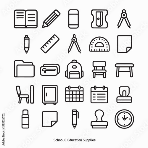 Basic School Essentials Line Icons – 25 Education Supplies in Modern Bold Style
