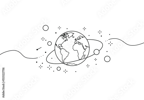 Earth and space drawing. It is a black and white outline image of the Earth surrounded by celestial elements, representing the planet within the vast cosmos. Vector sketch line art draw.