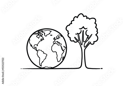 Earth and tree drawing. It is a black and white outline image of the Earth and a tree, symbolizing environmental care, natural life, and ecological balance. Vector sketch line art draw.