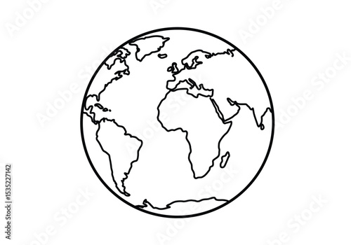 Earth drawing. It is a black and white outline image of the Earth, a simple globe showing continents, representing our planet. Vector sketch line art draw.