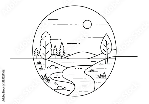 Earth environment drawing. It is a black and white outline image of a serene natural landscape, depicting a harmonious environment with trees, river, and hills. Vector sketch line art draw.