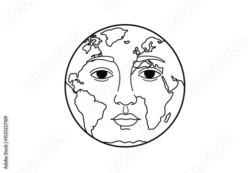 Earth face drawing. It is a black and white outline image of the Earth with human features, personifying the globe as a calm and thoughtful entity. Vector sketch line art draw.