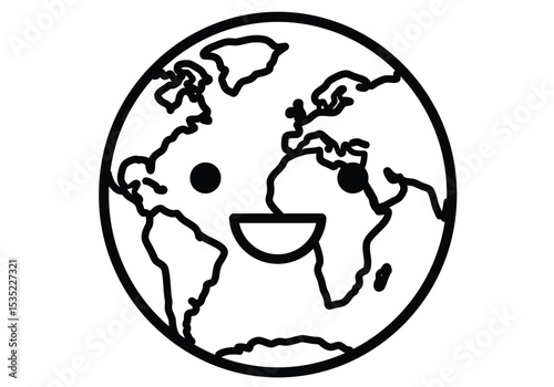 Smiling earth drawing. It is a black and white outline image of a happy globe, a cheerful planet with a smiling face, symbolizing a healthy and thriving Earth. Vector sketch line art draw.