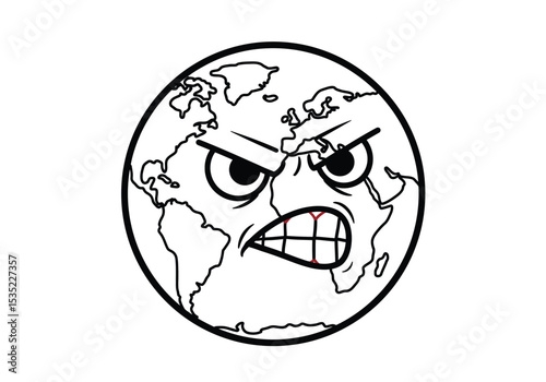 Angry earth drawing. It is a black and white outline image of an enraged globe, a furious planet symbolising environmental crisis, climate change, and global warming. Vector sketch line art draw.
