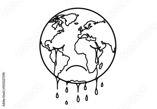 Crying earth drawing. It is a black and white outline image of a weeping globe, a sad planet crying tears due to environmental crisis and global warming. Vector sketch line art draw.