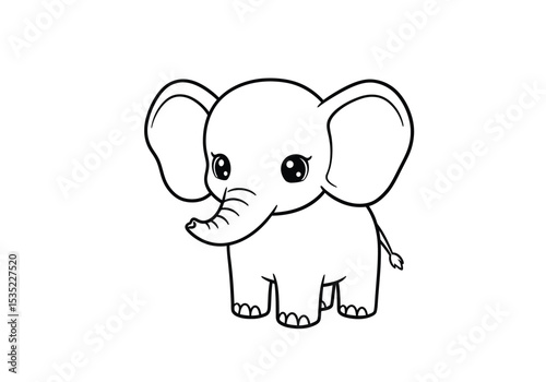 Kawaii elephant drawing. It is a black and white outline image of an adorable and cute baby elephant, drawn in a charming kawaii style with big eyes. Vector sketch line art draw.