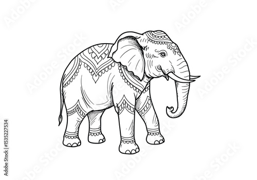 Pichwai elephant drawing. A black and white outline image of an elephant adorned with intricate traditional Pichwai art patterns, reflecting Indian cultural heritage. Vector sketch line art draw.