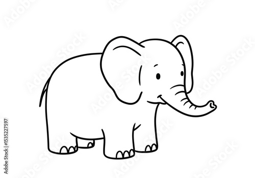 Cartoon elephant drawing. It is a black and white outline image of a cute and friendly cartoon elephant, perfect for children's illustrations. Vector sketch line art draw.
