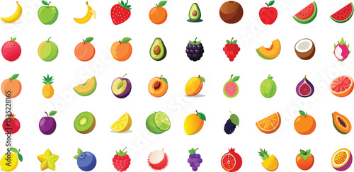 Colorful collection of fresh fruits flat icons , realistic vector design
