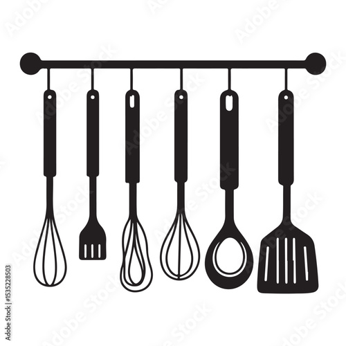 kitchen utensils silhouette, kitchen utensils vector illustration, Hanging Kitchen Utensils Silhouette, Collection of various kitchen utensils and cookware in black silhouette