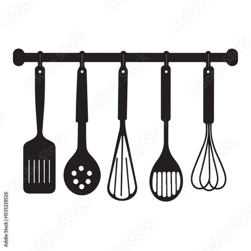kitchen utensils silhouette, kitchen utensils vector illustration, Hanging Kitchen Utensils Silhouette, Collection of various kitchen utensils and cookware in black silhouette