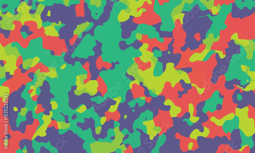 Vibrant multicolor camouflage pattern with red, green, yellow, and purple tones background. Ideal for modern fashion, sportswear, digital art, or bold surface designs with an energetic aesthetic.