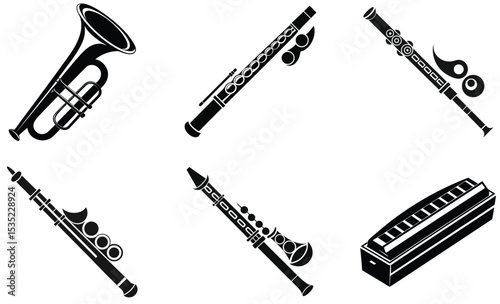 Black and white musical instruments vector illustration set on white background