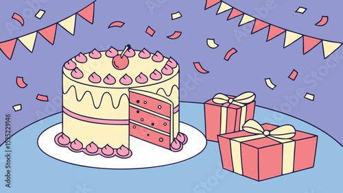 Happy birthday cake with gifts purple  background vector illustration 