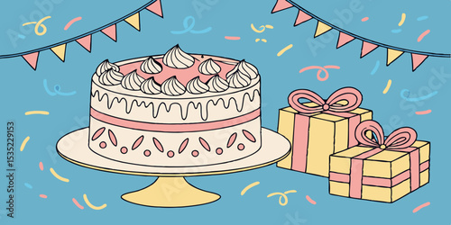 Happy birthday cake with gifts  blue background vector illustration 