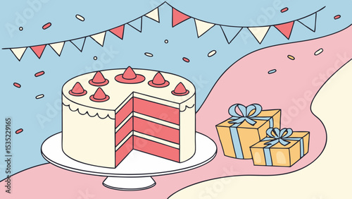 Happy birthday cake with gifts pink background vector illustration 