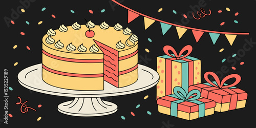 Happy birthday cake with gifts  black background vector illustration 
