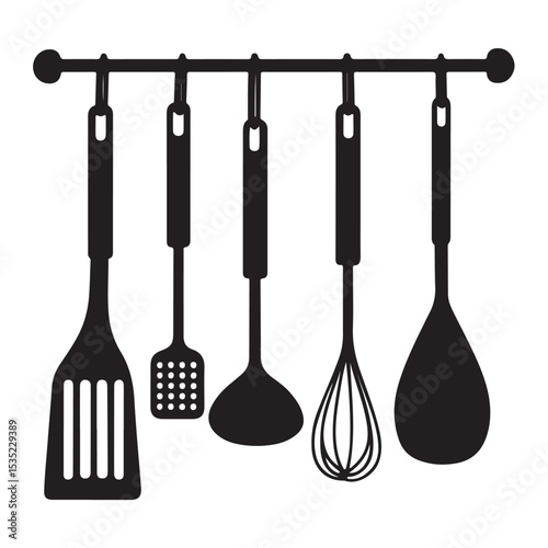 kitchen utensils silhouette, kitchen utensils vector illustration, Hanging Kitchen Utensils Silhouette, Collection of various kitchen utensils and cookware in black silhouette