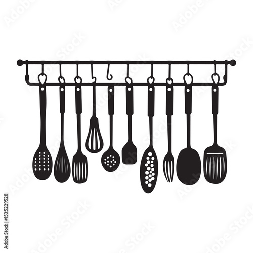 kitchen utensils silhouette, kitchen utensils vector illustration, Hanging Kitchen Utensils Silhouette, Collection of various kitchen utensils and cookware in black silhouette