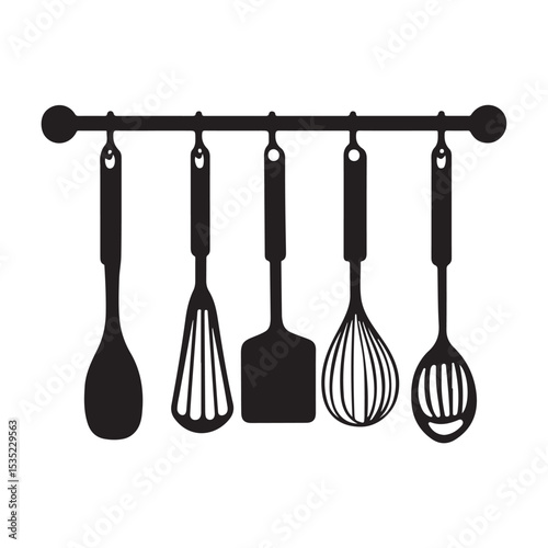 kitchen utensils silhouette, kitchen utensils vector illustration, Hanging Kitchen Utensils Silhouette, Collection of various kitchen utensils and cookware in black silhouette