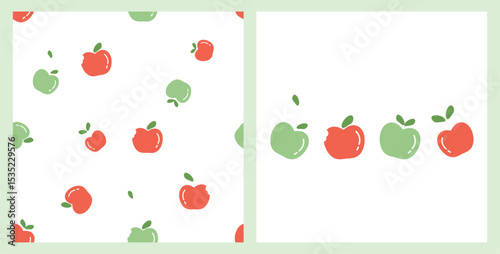 Seamless pattern of green and red apple with leaves on white background. Set of apple icons vector.