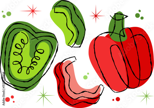 Abstract green and red pepper vegetable in retro 50s illustration style on transparent background. Playful healthy eating and summer concept for creative design.