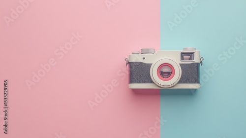 Vintage camera on pastel pink and blue background creating visual harmony