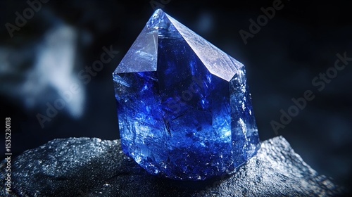 A single benitoite crystal with a deep blue color and a vitreous luster. The crystal is hexagonal in shape, with smooth surfaces and sharp edges. The background is dark