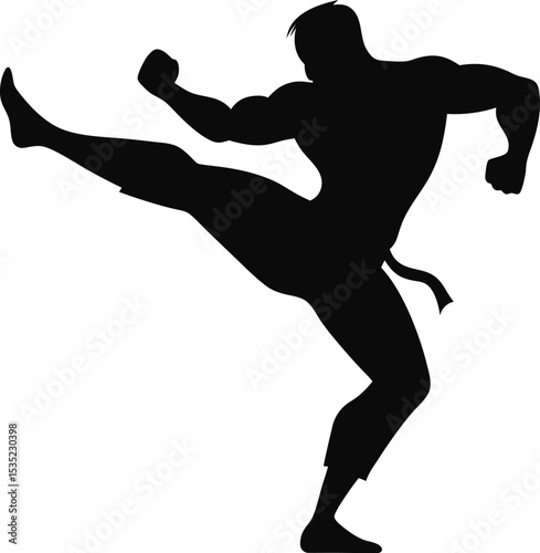 taekwondo fighter jumps for mid-air kick silhouette vector art