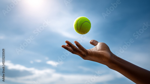 Hand throwing a tennis ball against a blue sky