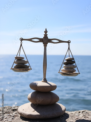 Symbolic scales of stones against the backdrop of the sea and blue sky. Concept of balance and harmony in life. Pros and cons idea.