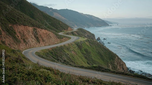 Coastal highway winding through cliffs with scenic ocean views : road adventure theme
