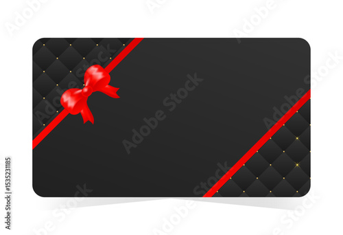 Gift card with black quilted background with red satin bow and ribbon. Vector illustration for branding, packaging, VIP promotions, online stores and premium print materials