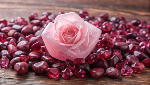 Soft pink rose quartz crystal nestled in a bed of garnet stones on a wooden background, earthy, interior design
