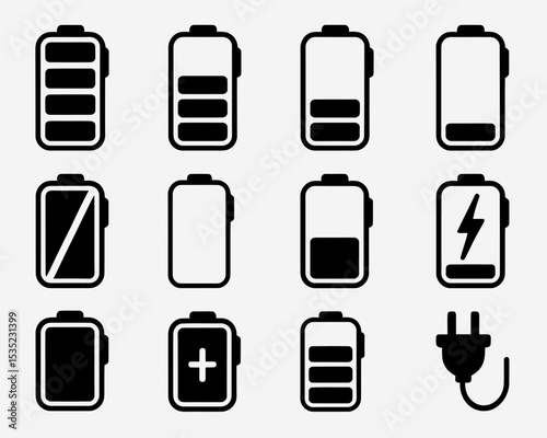 Battery Icon Set. Vector Battery Charge, Low Power, Charging and Full Level Symbols