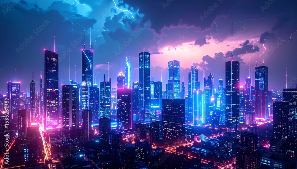 Obraz premium Futuristic city skyline at night with vibrant neon lights