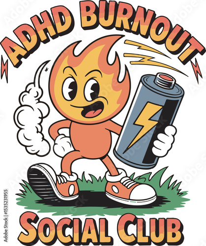 A D H D Burnout Social Club Retro Cartoon Fire Character Holding Battery
