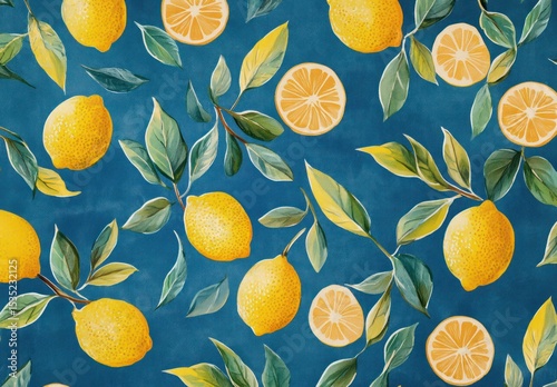 Vibrant citrus painting, showing lemons and foliage against an aquamarine background