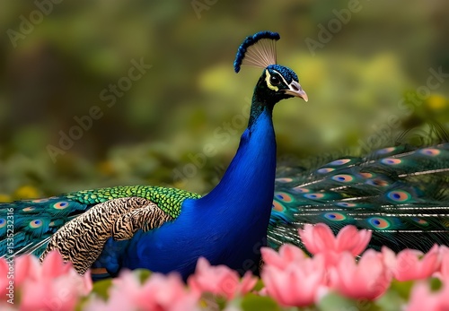 Magnificent peacock displaying vibrant feathers amongst blooming pink flowers in nature