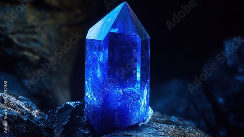 A single lazulite crystal with a deep blue color and a vitreous luster. The crystal is prismatic in shape, with smooth surfaces and sharp edges. The background is dark